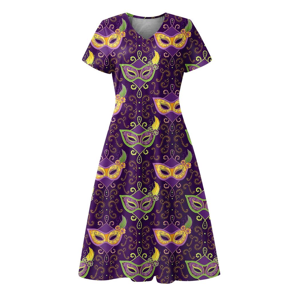 Women's Summer Casual Fashion Print Short Sleeve V-Neck Swing Dress