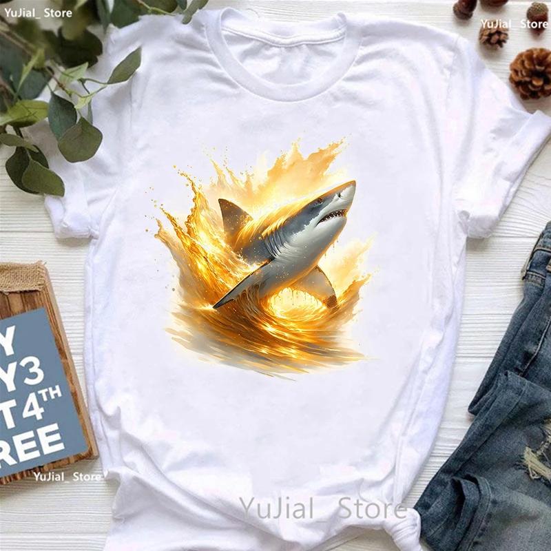 Golden Shark Printed T Shirt Unisex Clothes 2024 Summer Fashion Tops Tee Shirt Femme Harajuku Shirt Casual Funny Tshirt Female