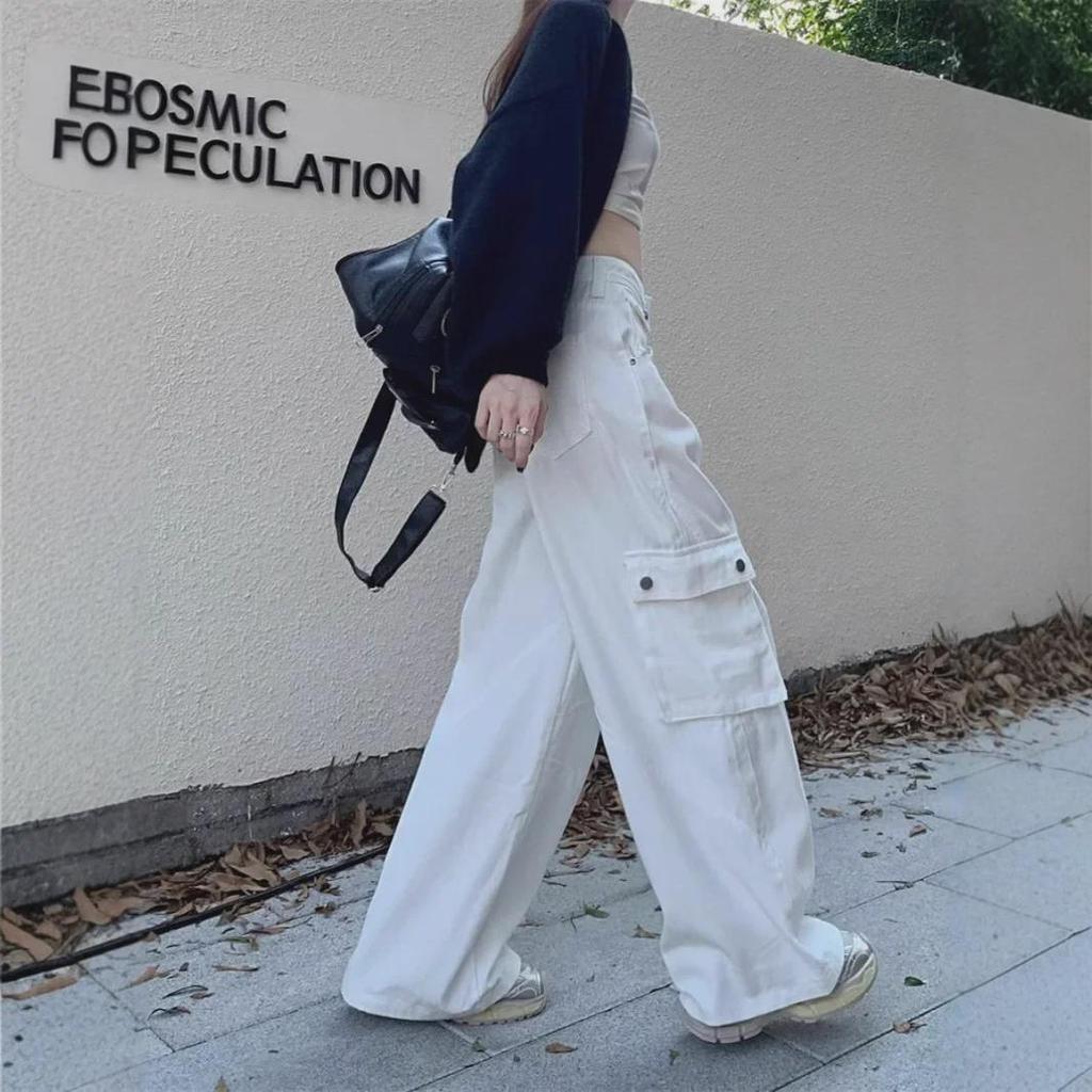 Women's 2025 High-Waist White Pocket Wide-Leg Jeans – Spring/Autumn Trend