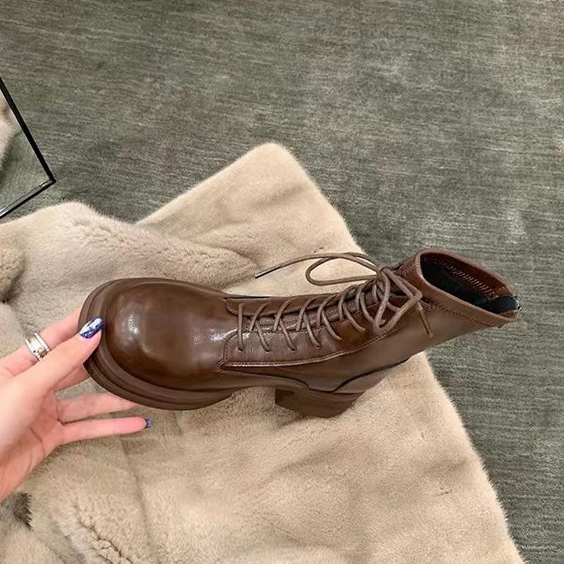 Осень и зима новые британские ботинки Мартина на шнуровке, круглый носок, толстая подошва, толстый каблук, короткие ботинки женские