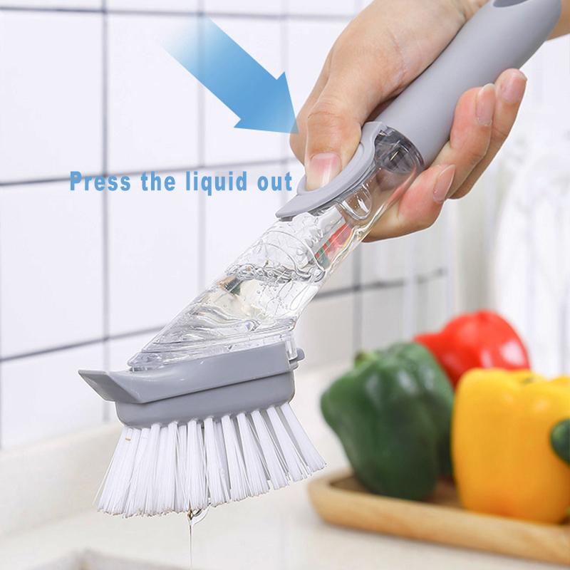 Long Handle Pot Brush With Soap Dispenser,Replaceable Brush Heads,Multi-functional Kitchen Cleaning Brush,Dishwashing Brush
