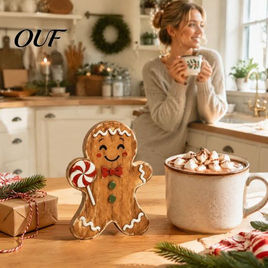 Small Wooden Candy Cane Decor Christmas Gingerbread Man Decor, Rustic Gingerbread, House Figurines, Xmas Window Display Ornaments Tabletop for Mantel