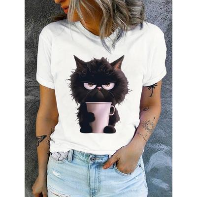 Злой Эмодзи Кот Женская Летняя Белая Футболка с Принтом Девушка Повседневный Топ с Коротким Рукавом и Круглым Вырезом Для Лета Женская Одежда с Животными CCXX111