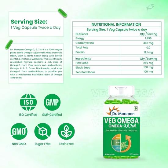 DR. MOREPEN Veg Omega 3 6 7 9 Capsules 500mg Flax Seed, Black Seed & Sea Buckthorn - 60 Veg Capsules