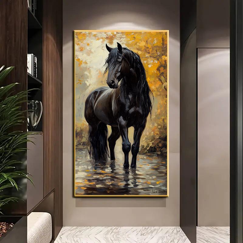 Frameless Modern Canvas Wall Art Black Horse in Autumn Forest with Fall Foliage