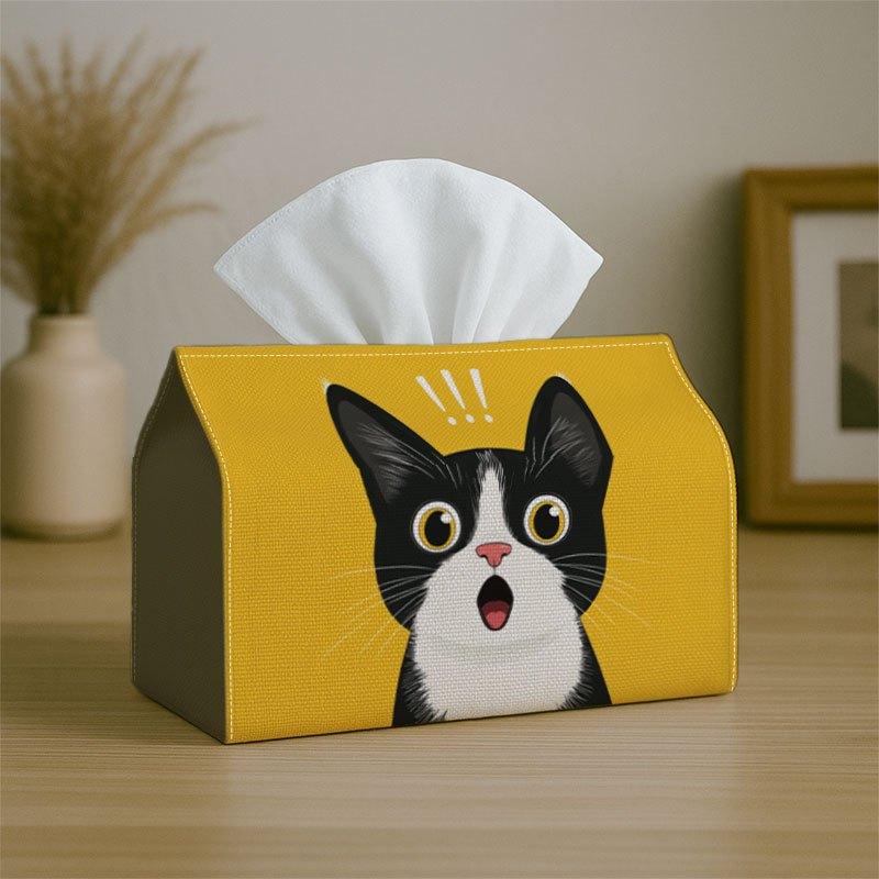 2D Flat 1pc Surprised Black And White Cat - Decorative Tissue Box, Bold Yellow Pop- for Home, for Party, Car, Kitchen & Bathroom - Tissue Holder for E