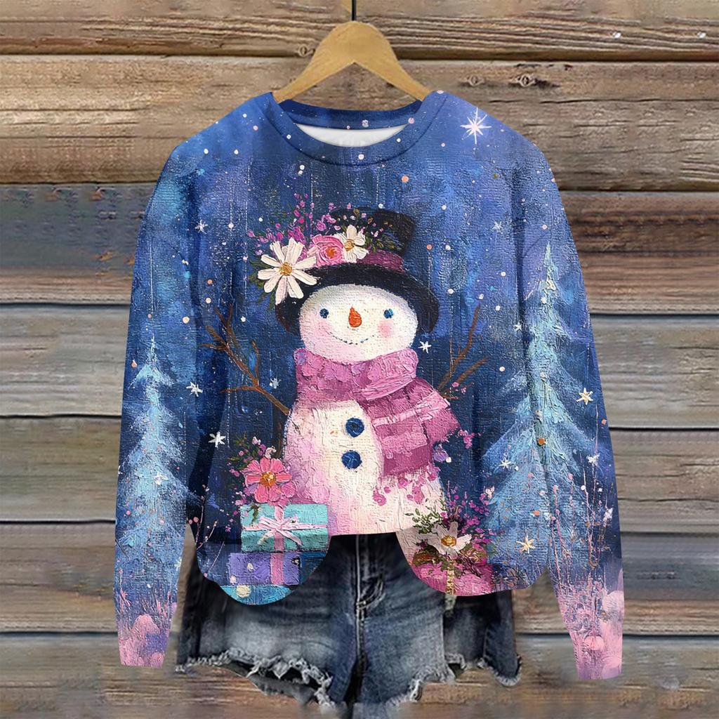 Ladies' Christmas Printed Long Sleeved Round Neck Hoodie Loose Top