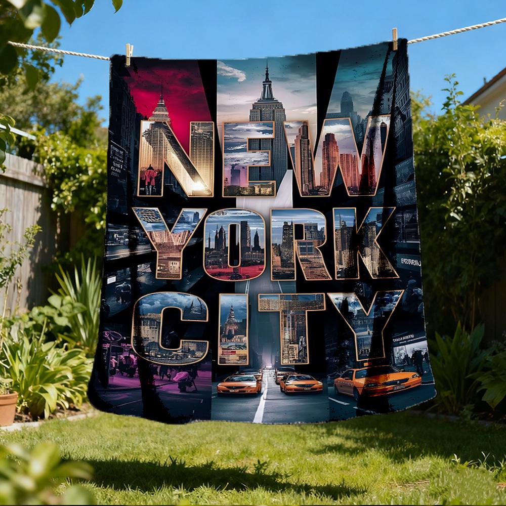 1pc New York City skyline Outdoor Flannel Blanket Soft All Season Polyester Throw , Perfect for Picnics & Travel , Picnic Accessory
