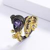 Exquisite Ring for Women's Purple Zircon Jewelry Peacock Feather Shape Ring Fashion Black Gold Hollow Ring Wedding Jewelry