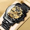 Men's Business Watch Skeleton Design Stainless Steel Quartz Movement Calendar Waterproof Wristwatch