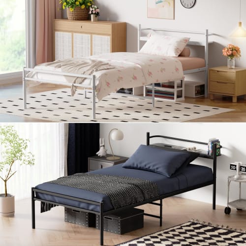 Holdm Single White Bed Frame with 300kg Weight Capacity and Two Outlets, White Pipe Bed Frame with Outlets, Headboard Shelf, Steel Bed Frame, Quiet, S
