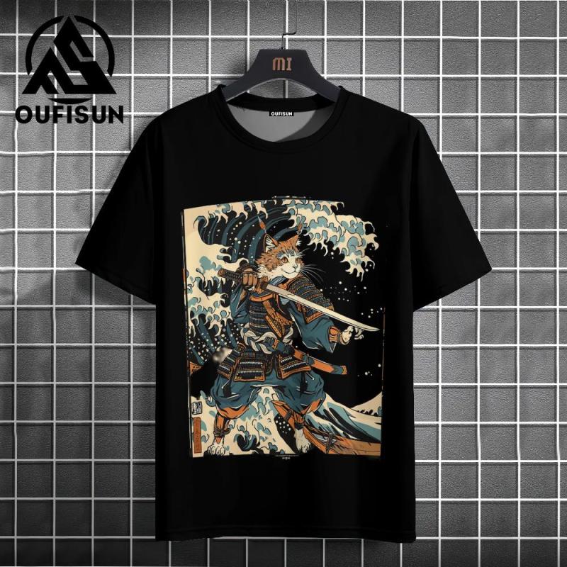 2024 Japanese Style Men's T-Shirt Samurai Cat Pattern T-Shirt Casual Loose Short Sleeved Tees Oversized Men Clothing Tops Summer