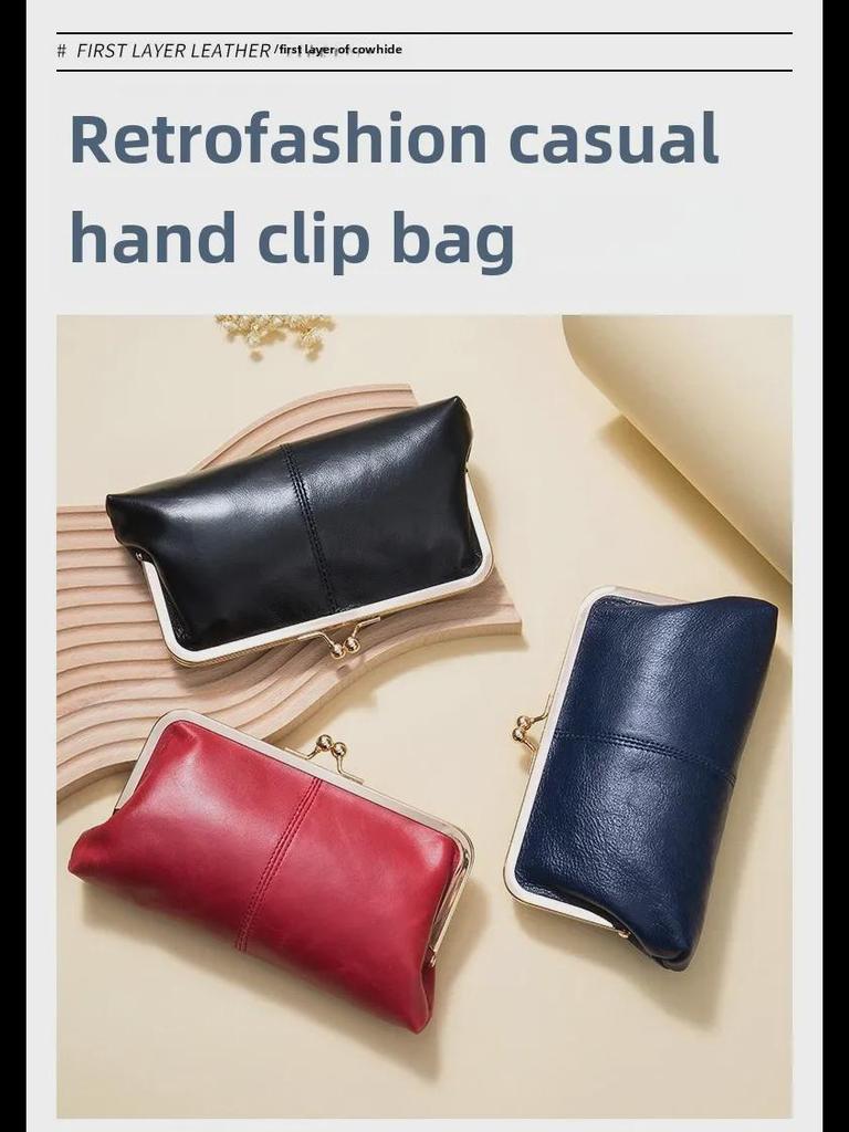 Women's Retro Long Genuine Leather Wallet Handbag - Large Capacity, Waxed Gold Clip Style