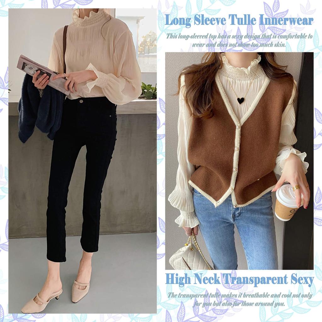 Маленький прозрачный топ с высоким воротом и длинным рукавом, тюлевая сексуальная блузка с кружевом, прозрачный плиссированный зимний свободный [fourfivesix Хару] Внутренний, Прозрачный для многослойности,