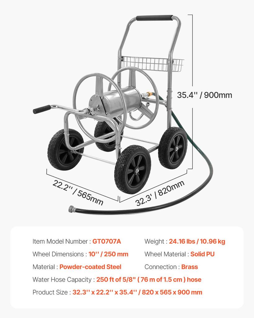 VEVOR Hose Reel Cart, Hold Up to 250 ft of 5/8’’ Hose, Garden Water Hose Carts Mobile Tools with 4 Wheels