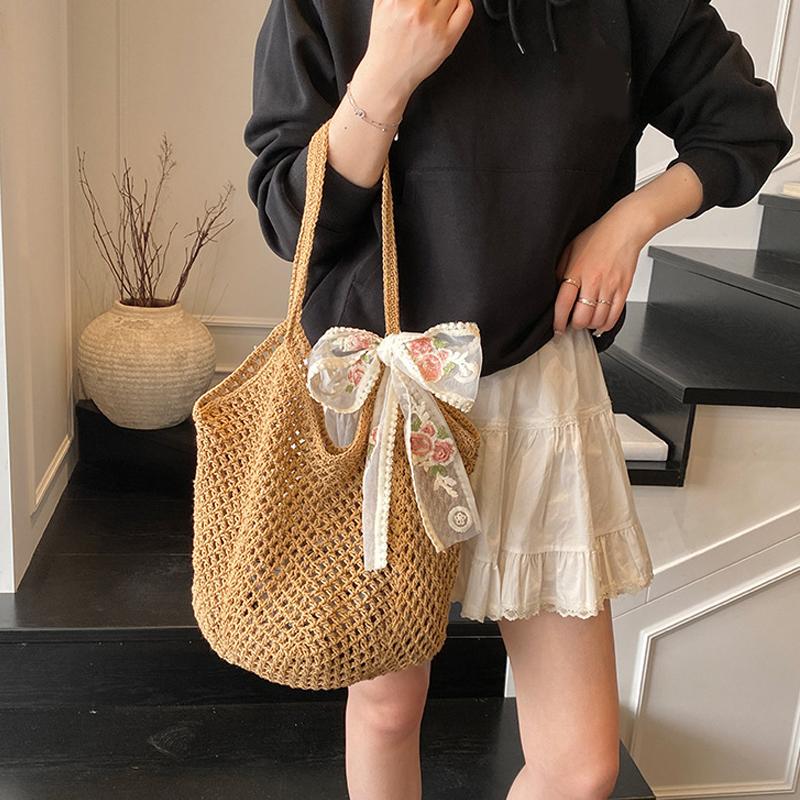 Solid Color Crochet Tote Handbag Summer Beach Scarf Decor Fashion Women's Mesh Woven Shoulder Bags Large Capacity Knitting Underarm Bag CLE