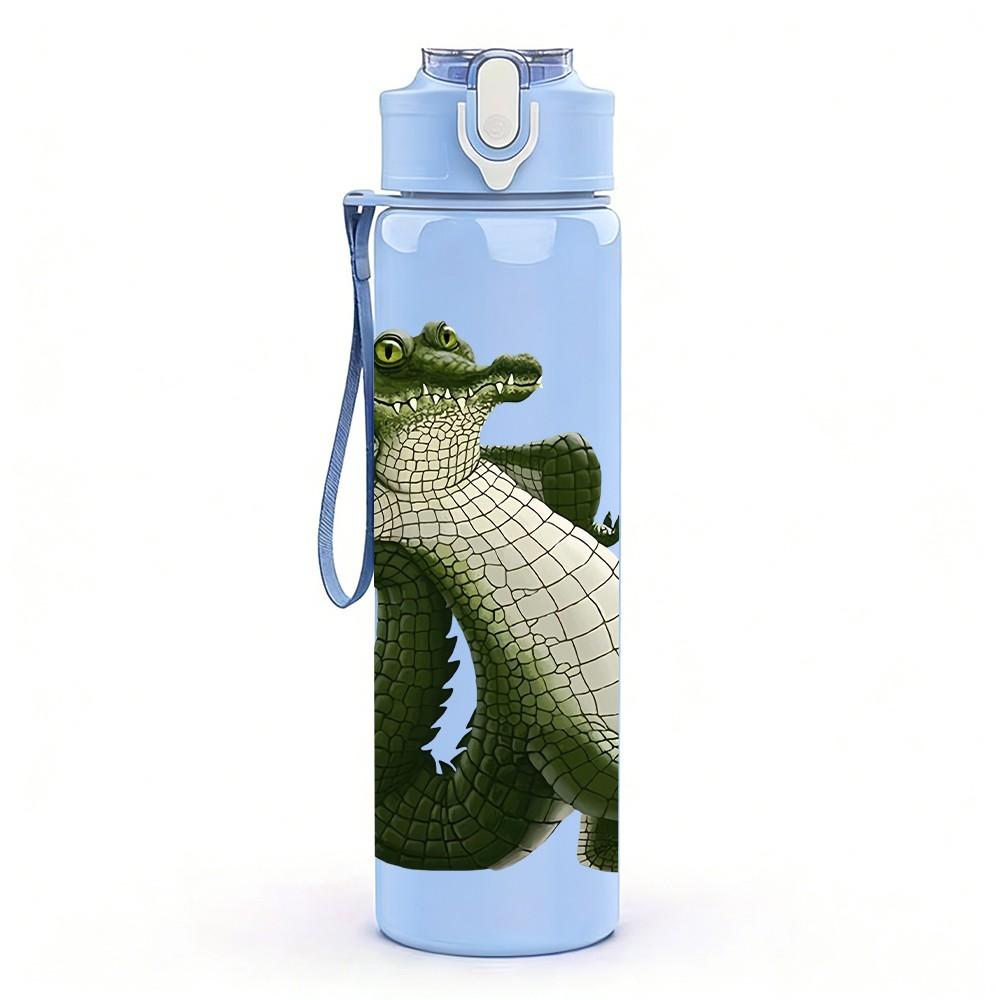 1PC Green Crocodile Reptile Pattern 750ml Color Plastic Sports Water Bottle Leakproof Flip Straw Lid Suitable for Sports Office Home Use