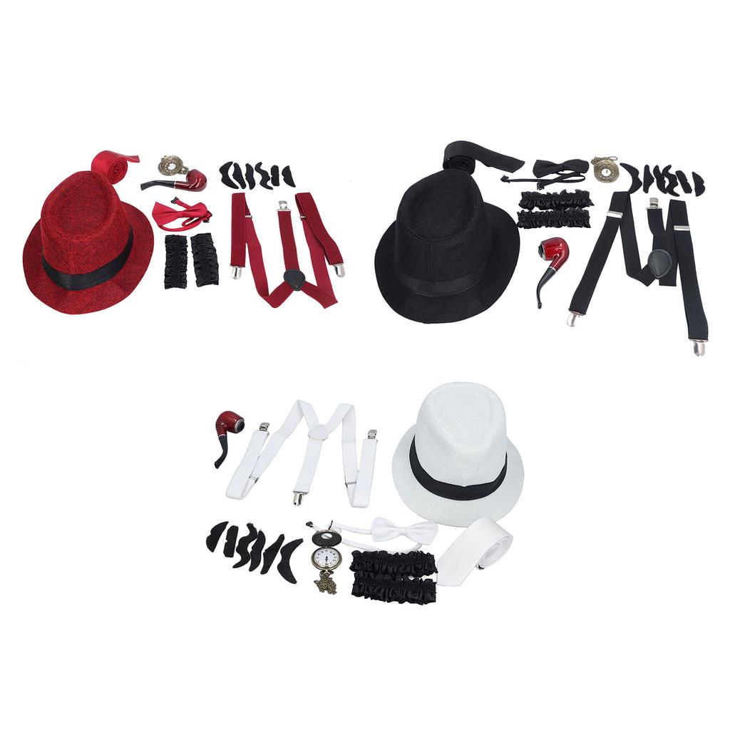 8 Pieces 1920s Grandpa Old Man Costumes Set with Suspenders Hat Watch Pipe Bow Tie Glasses Beard Kid