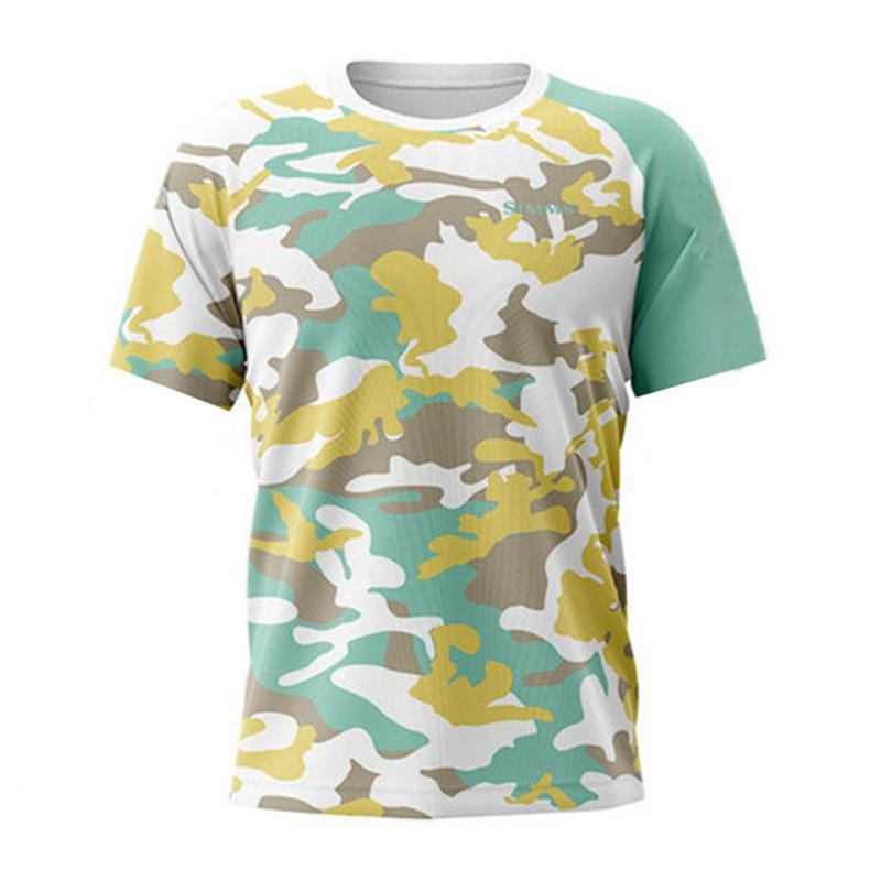 SIMMS Camo Fishing Shirt Short Sleeve Sun Protection Quick Dry Outdoor Angling Top Men