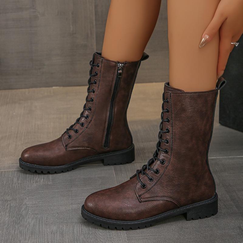 Women's Fashion Chunky Single Boots Autumn New Round Front Lace-up Side Zipper Soft Sole Non-slip Mid-calf Boots
