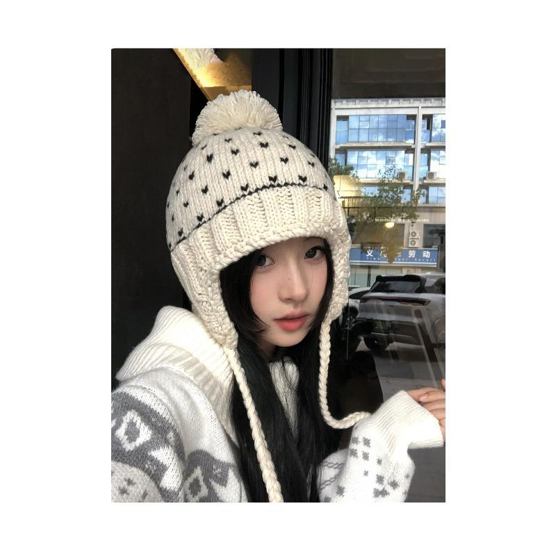 Women Winter Knit Hat With Ear Flaps Pom Pom For Students Cycling Warm