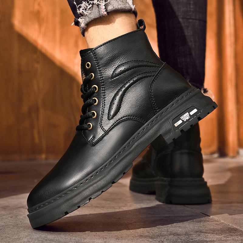 British Men Casual Ankle Boots Outdoor Antiskid Motorcycle Boots High Top Genuine Leather Basic Boot Thick Bottom Round Toe Boot