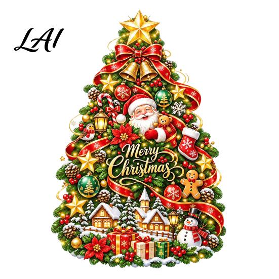 Holiday Window Stickers Christmas Tree Clings with Santa Claus Snowman Gingerbread Man and House Static Glass Art for Home Decorations Double Sided