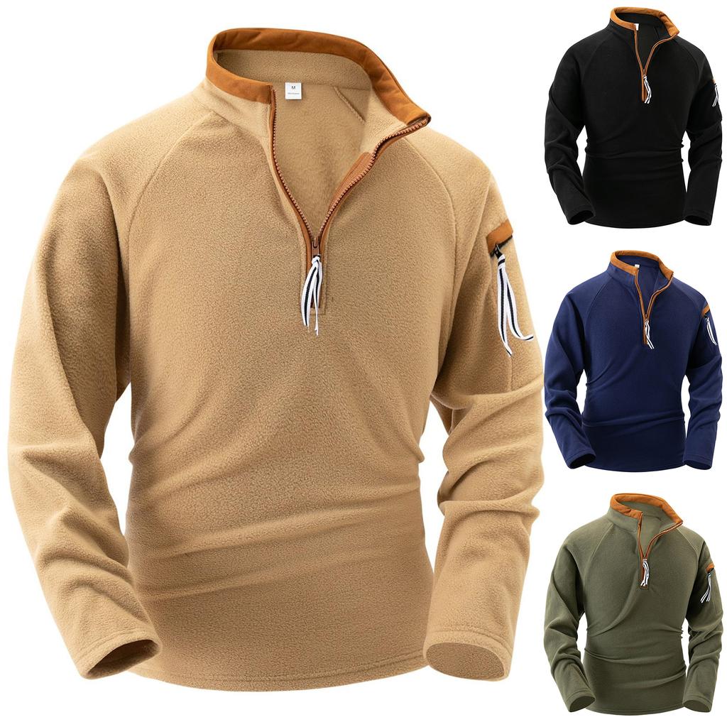 Men's Stand-up Collar Half-zipper Long-sleeved Fleece Top, Arm Trendy Zipper Hoodie Pullover Training Hoodie