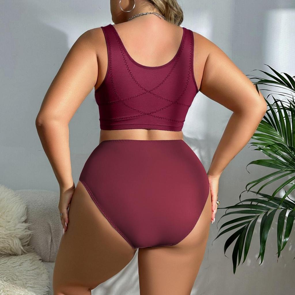 Plus Size Lace Front Closure Bra & High Waist Panty Set, Racerback Supportive Lingerie for Women