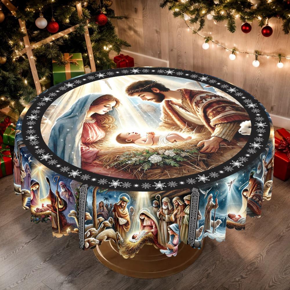 Christmas-Themed Tablecloth Vintage Country Farmhouse Style Nativity Scene for New Year's Gatherings Xmas Kitchen Accessories