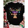 Women Casual Daily Wear Christmas Reindeer Print Short Sleeve T-Shirt, Summer