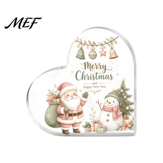 Christmas Table Decorations Heart Shaped Acrylic Tabletop Sign, 2D Winter Snow Scene Desktop Ornament Holiday Window with Santa, Snowman & Xmas House,