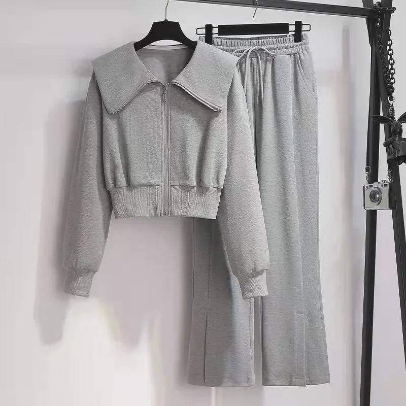 Женский комплект из двух предметов: Куртка с длинными рукавами и широкие брюки с высокой талией — идеальный вариант для повседневной моды на весну/осень