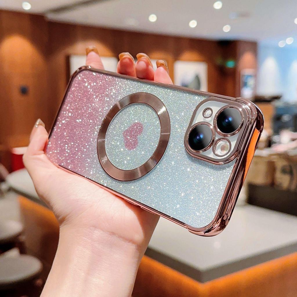 iPhone 15 Pro Магнитный чехол с градиентом в форме сердца и блестками - Мягкий, Защитный для Apple 13/11
