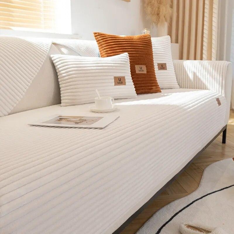 Фланелевой чехол для дивана, зимний утепленный, теплый, мягкий, плюшевый, подушки с вертикальными линиями, Нескользящий кожаный диван для гостиной, спинка, подлокотники