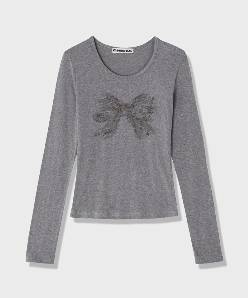 CHICKS Scratch Ribbon Long Sleeve T-Shirt Melange