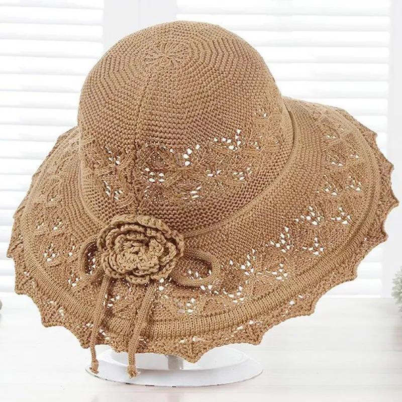 WTEMPO Women's Spring Summer Versatile Solid Color Flower Sun Hats Wide Brim Breathable Foldable Beach Flower Knitted Hats
