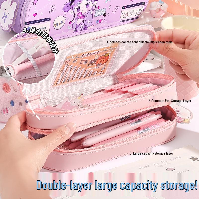 Large Double-Layer Cartoon Pencil Case - Cute Multi-Layer Stationery Box for Primary School Students