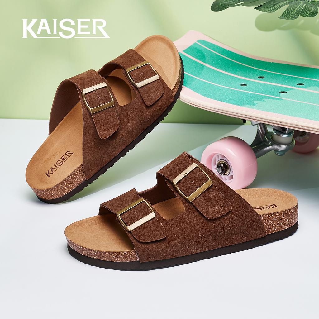 Caesar Summer Men's Genuine Leather Boken Shoes One Line Slippers for Outwear 2026 New High end Leather Beach Slippers