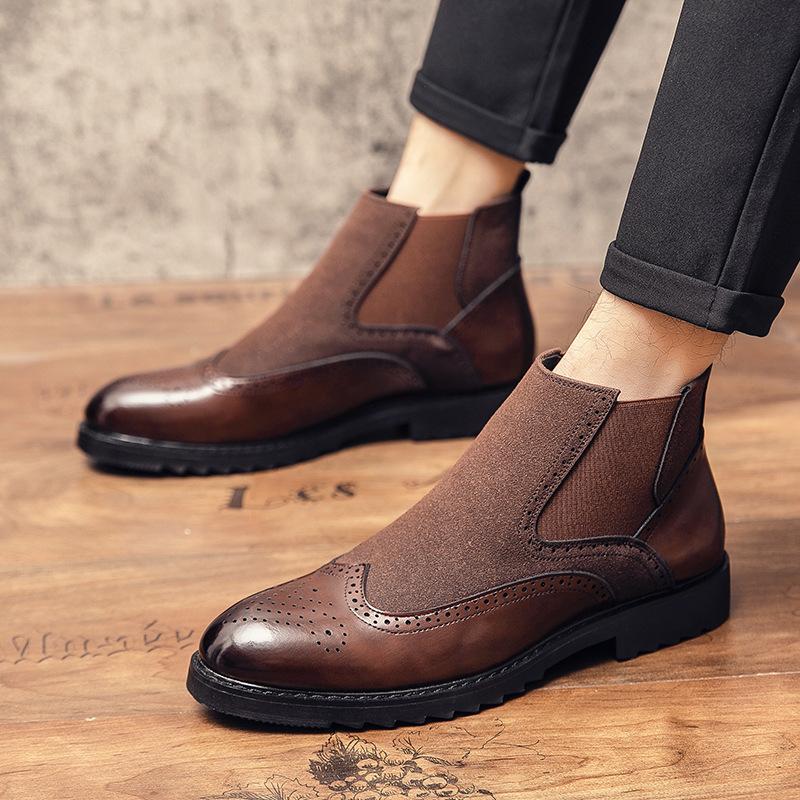 Pointed leather boots carved Brock high-top leather shoes dress casual shoes British style men's shoes short boots