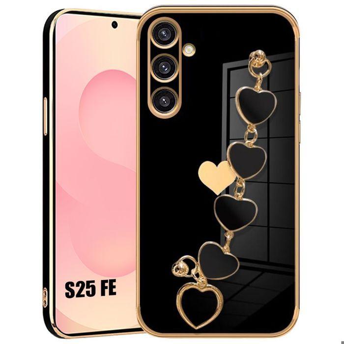 Coque pour Samsung Galaxy S25 FE, Protection Souple Silicone Antichoc avec Bracelet Motif Cœur Noir