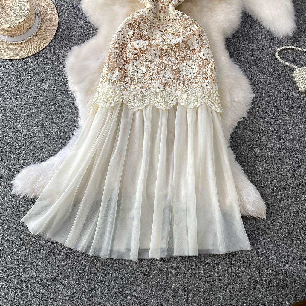 Summer Women Elegant Square Collar Embroidery Flower Lace Mesh Patchwork Long Maxi Slim Bodycon Party Dresses