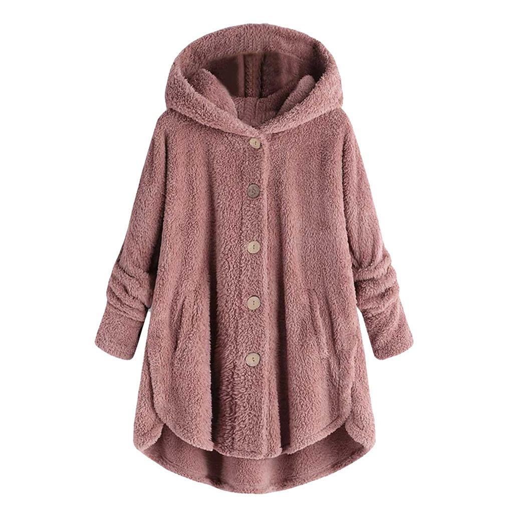 Women Plus Size Button Plush Tops Hooded Loose Cardigan Wool Coat Winter Jacket