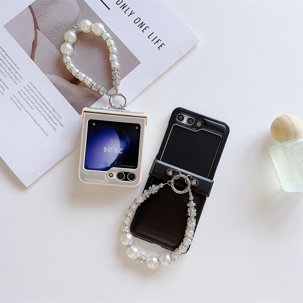 Leather Cover with Glitter Pearl Wrist Chain Strap Bracelet For Samsung Galaxy Z Flip 6 5 4 3 Hard Hinge Protective Phone Case