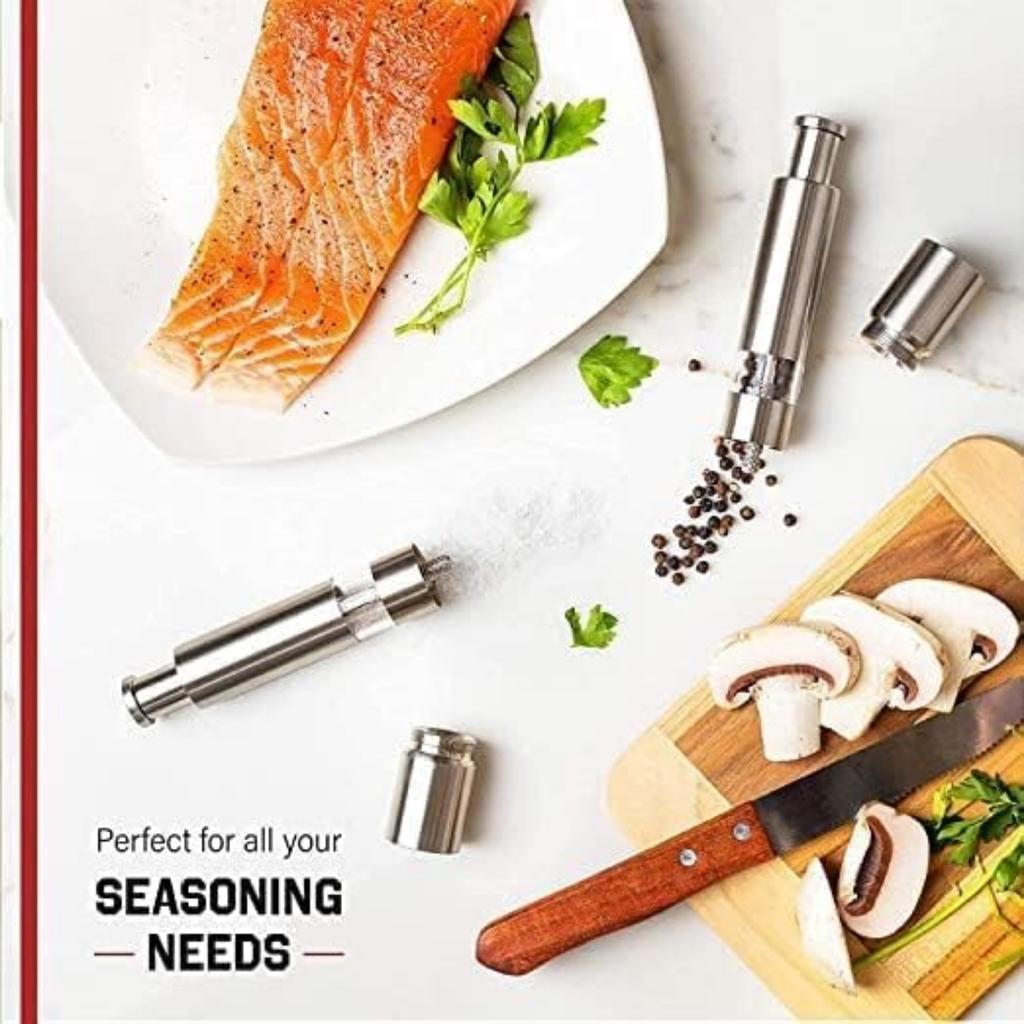 Stainless Steel Salt and Pepper Grinder,Push Button Grinder Modern Design Thumb Grinder, for Black Pepper, Sea Salt and Himalayan Salt, Spice and Salt