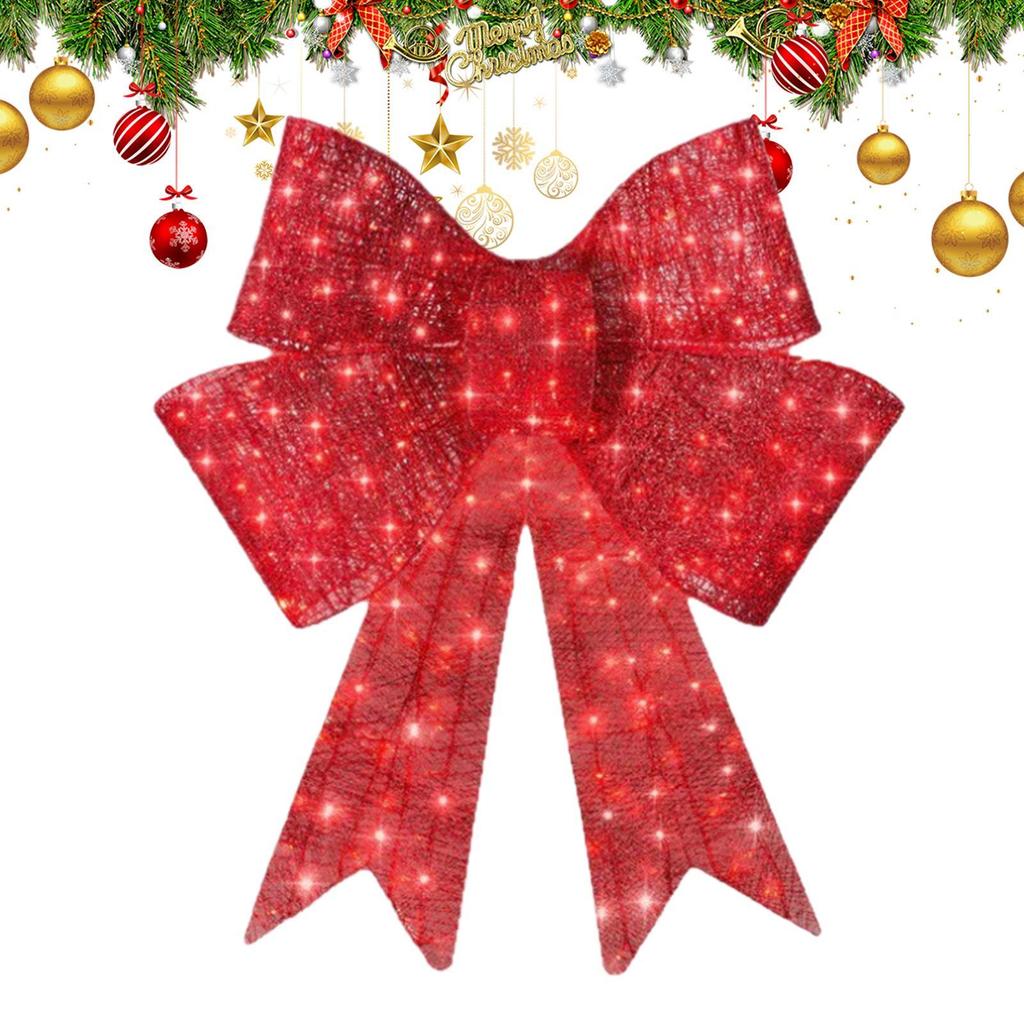 Christmas Wreath Bow 60cm Lighted Red Ornaments Door Wreath Holiday Garland for Winter Home Porch Christmas Decoration