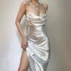 European and American Style Casual Camisole Satin Dress, Spring New Slim Fit Long Dress for Women