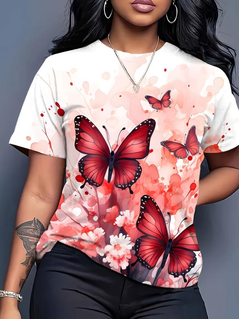 Women'S Soft And Comfortable Butterfly Print T-Shirt - Bright Red And Pink Short Sleeve Round Neck Casual Top. Loose Fit SpringSummer Fashion Shirt. M