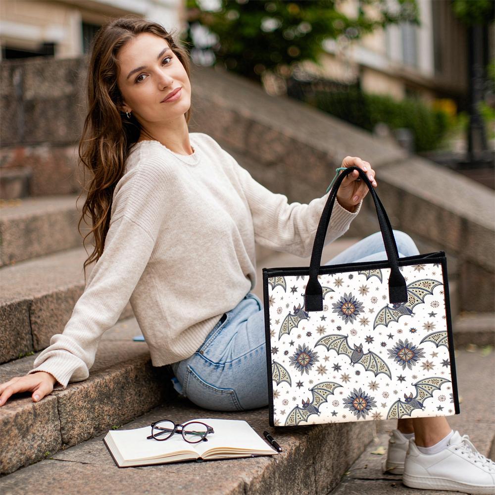Boho Bat Printed Canvas Tote Bag Fashion Casual Large Capacity Daily Shopping Handbag for Women