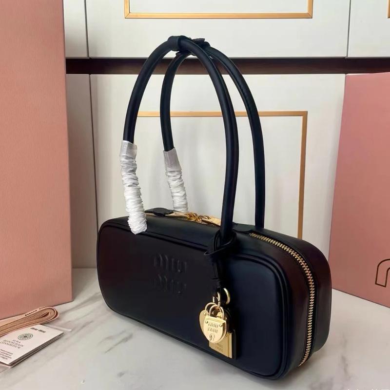 MIU Long Handle Bowling Boston Pillow Bag Fashion Versatile Shoulder Tote Handbag for Women Commute Soft Leather Large Capacity